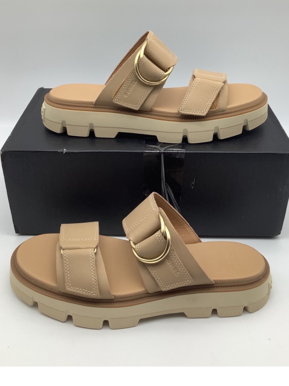Sorel Rein CB Chunky Slide Sandals Womens Size 9 Honest Beige Buckle Like New